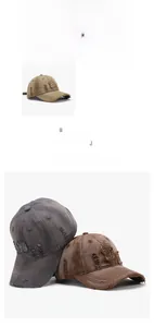 Detailed view of vintage washed cotton baseball caps with distressed B-patch and ripped edges