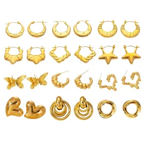 Vintage Stainless Steel Earrings For Women Gold Plated Geometric Heart Butterfly Flower Textured Stud Hoop Jewelry