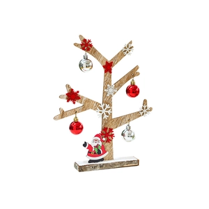 Wooden Christmas tree tabletop ornament with bells, mini Santa, and festive red ornaments