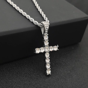 Polished silver stainless steel iced out cross pendant necklace for men and women