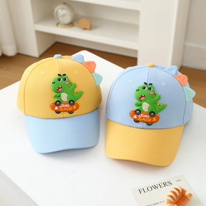 Kids baseball cap featuring cartoon dinosaur on skateboard with blue and yellow panels