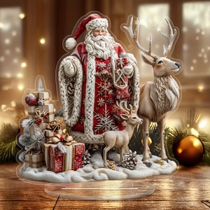 Acrylic Christmas desk stand with Santa Claus and reindeer on a wooden tabletop