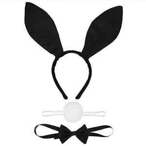 Detailed close-up of rabbit costume set including plush ears, tail, and bowtie