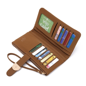 Brown leather vintage long clutch wallet with wristlet, multi-card slots and snap closure