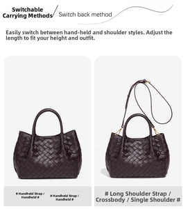 Detail of burgundy woven mini bucket bag showing handheld and crossbody styling options