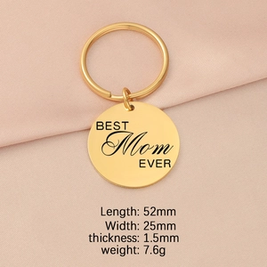 Polished golden stainless steel keychain engraved with BEST Mom EVER and size specifications