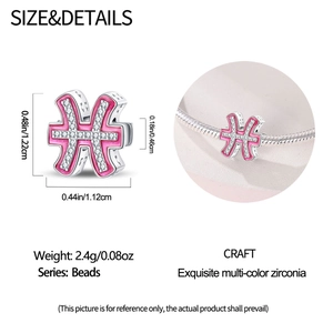 Pisces charm dimension guide with pink cubic zirconia on silver-plated snake chain