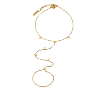 Gold stainless steel star hand chain ring bracelet set with dangling star charms