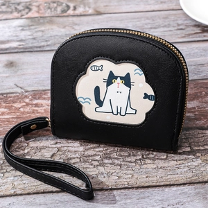 Black semi-circular short wallet for women featuring a cute cat illustration and wrist strap