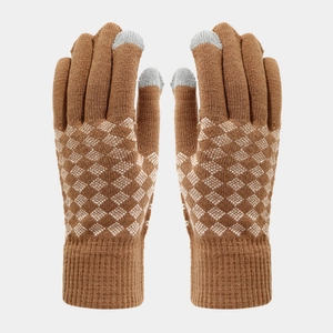 Close-up of camel knit gloves with diamond pattern and touch screen conductive fingertips
