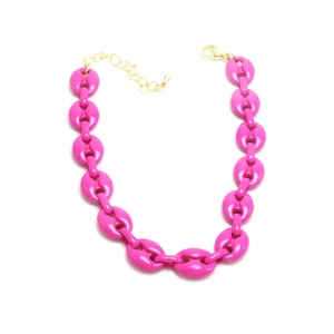 Detailed view of hot pink resin coffee bean link bracelet with golden lobster clasp
