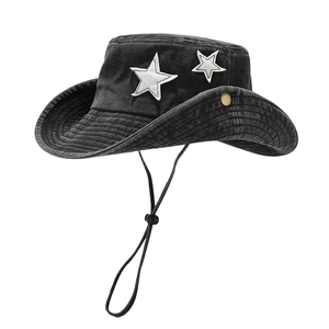 Western style black denim sun hat with white star patch and adjustable chin strap