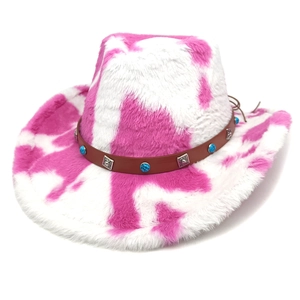Close-up of pink cow print faux fur cowboy hat with turquoise studded leather band