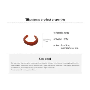 Detailed specs of the amber acrylic open cuff bracelet showing dimensions and 37.5g weight