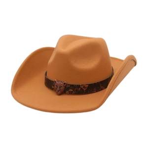 Detail of western felt cowboy hat with animal print band and metal leopard head buckle