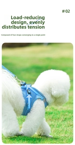 Detail of light blue mesh dog harness with breathable fabric and 4-point pressure relief