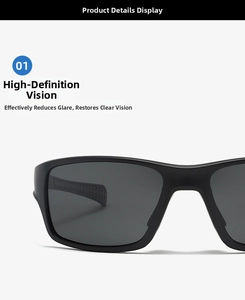 Detail showing matte black square frame and grey polarized lenses of sports sunglasses