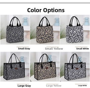Detailed grid of leopard print canvas tote bags in grey, yellow, and white color options