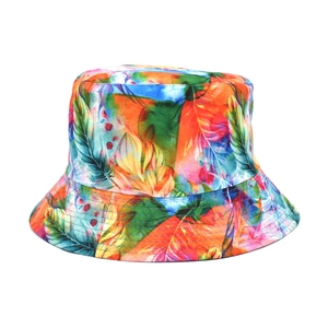 Detail of vibrant tropical pattern bucket hat with reinforced stitching on the brim