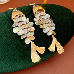 Detailed macro view of golden fish-shaped earrings with iridescent shell scales