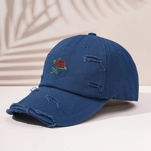 Distressed dark blue baseball cap with rose embroidery and outdoor sun protection style