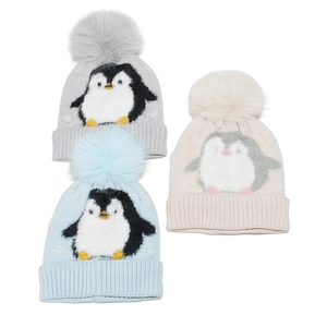 Kids Winter Knitted Beanie Hat Acrylic Thermal Penguin Cartoon With Pom-Pom For Girls Toddlers Cute Warm