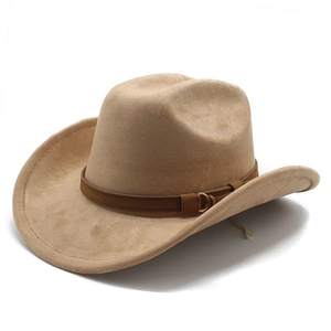 Chapeau De Cow-Boy Occidental Similicuir Suède Large Bord Rétro Fedora Avec Ceinture En Cuir Boucle Métallique Couleur Unie