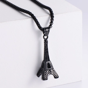 Vintage black titanium Eiffel Tower pendant necklace with Paris engraving for men