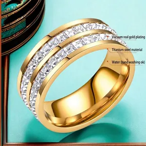 Polished gold titanium steel ring with double row square zircon stones for women