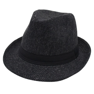 Classic dark grey fedora hat with textured knit pattern and black decorative ribbon