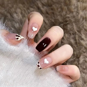 Press On Nails Coffin Long Cow Print Black Nude Pink With 3D Heart Decoration Sweet Cool Style For Women