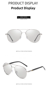 Silver aviator sunglasses with photochromic lenses and classic metallic frame detail