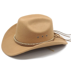Detail of khaki felt cowboy hat featuring metallic eyelets and gold bead chain trim