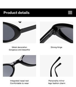Detail view of oval sunglasses showing metal decor, hinges, nose pads, and temple tips