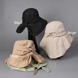 Large Brim Sun Hat Nylon Neck Protection Foldable Windproof Rope Bow Decor Outdoor Women Functional