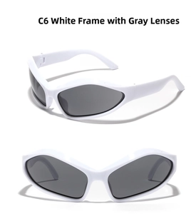 Detailed views of futuristic white frame wrap-around sunglasses with grey lenses