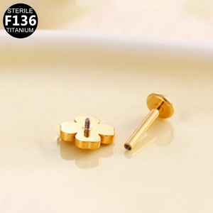 Macro shot of sterile F136 titanium golden clover stud showing base and screw detail
