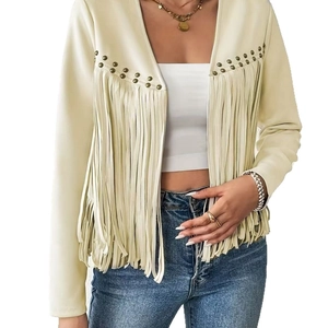 Fringed faux suede cardigan with stud details and long sleeves for women in cream