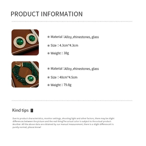 Detailed size and weight specs for emerald green glass necklace and earring set