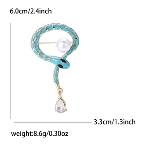 Blue enamel coiled snake brooch with pearl and crystal teardrop, sizing details shown