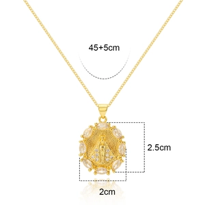 Detail view of 18K gold plated Virgin Mary pendant with marquise zircon stones and dimensions