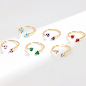 Adjustable golden open rings featuring dual heart-shaped colored zircon stones for women