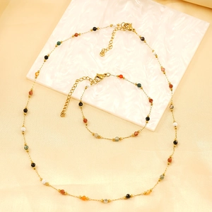 18K gold plated necklace and bracelet set with multi-colored natural stone beads
