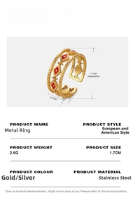 Detailed view of adjustable golden evil eye ring with dimensions and specifications