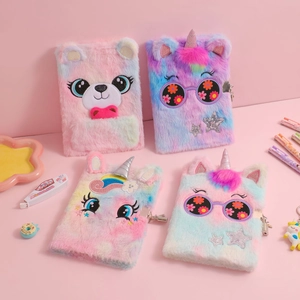 Detail of four colorful plush notebooks with sequin sunglasses and embroidered eyes