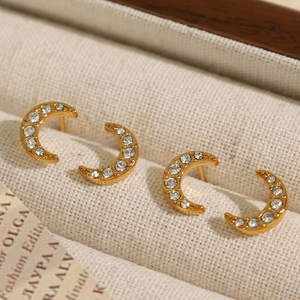 Boucles d'Oreilles Clous Croissant de Lune en Acier Titane Plaqué Or 18K Avec Zirconia Bijoux de Mode pour Femmes