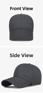 Front and side views of dark grey baseball cap with classic 3D letter embroidery