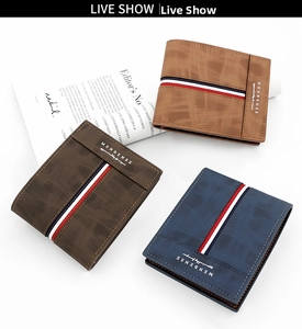 Three men's tri-fold wallets in brown, coffee, and blue with textured PU leather finish