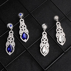 Classic silver-tone drop earrings with navy blue and clear teardrop crystals for weddings