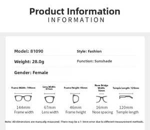 Detailed size specifications for square rimless sunglasses showing frame and lens dimensions